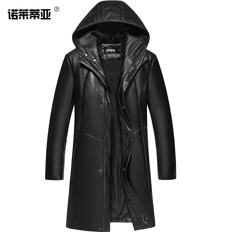 Leather leather men's sheepskin hooded medium and long leather down jacket plus velvet autumn and winter slim Korean trench coat coat