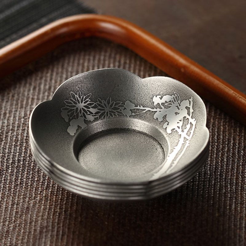 Tetsuaki Japanese pure tin tea coaster Retro non-slip cup holder tea cup holder Old tin coaster tea ceremony zero match