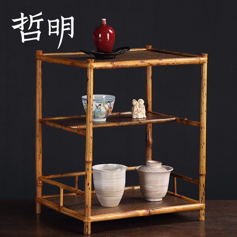 Zheming plain noodles Plum deer bamboo tea shed Tea utensils storage shelf Tea set shelf Storage rack Bogu rack Display rack