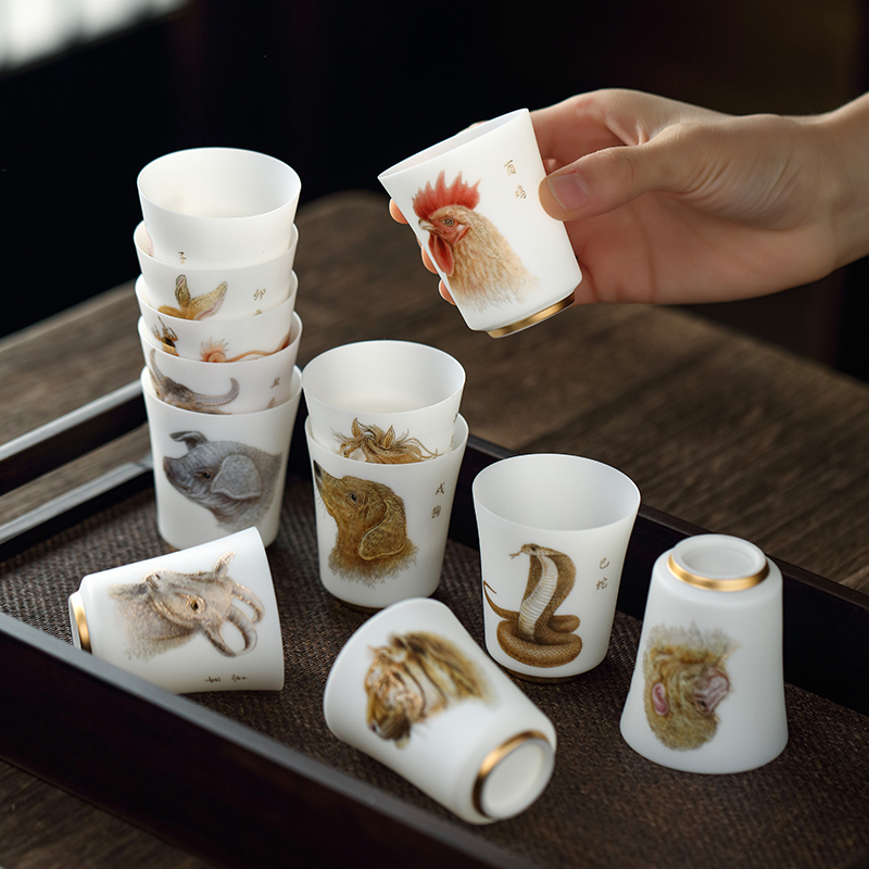 Chuanming goat fat jade duozodiac master cup Kung fu tea with white porcelain pint tea cup ceramic tea cup upscale gift box dress-Taobao