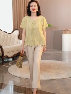 Middle-aged mother summer cotton and linen two-piece set 2025 new style middle-aged and elderly women's new chinese top suit