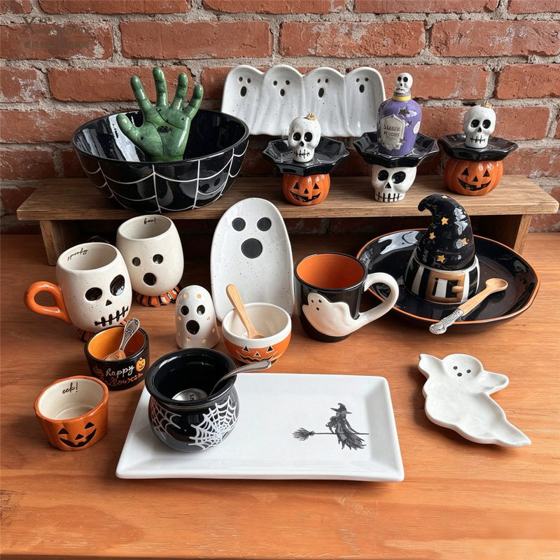 Foreign-Style American Halloween Tableware Set, Ghost Skull Mug, Pumpkin Spider Bowl, Witch Rectangular Plate Foreign-Style American Halloween Tableware Set, Ghost Skull Mug, Pumpkin Spider Bowl, Witch Rectangular Plate