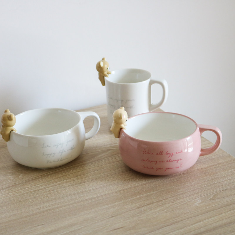 W1962 Japan New Ceramics Pink White Cute Bear Sloth Bear English Mark Cup Cute Cereal Bowl-Taobao