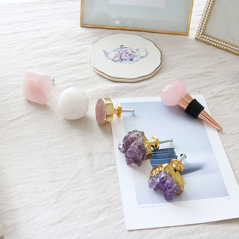 W1962 Export New Product Natural Crystal Powder Crystal Amethyst Cluster Agate Gold Handle Furniture Accessory Handle