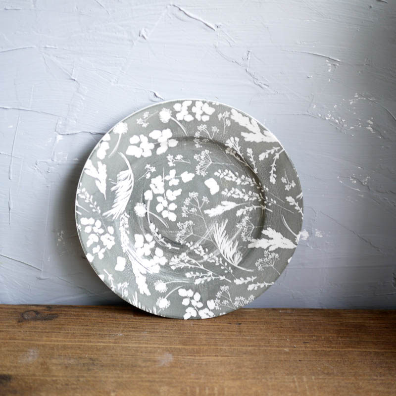 W1962 Exported to the UK Gray Graffiti Effect Dark Pattern Flower and Bird 8-inch Plate Retro Style Dinner Plate