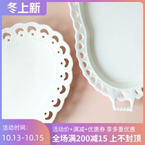 W1962 export European high temperature ceramic three-dimensional hand carved heart lace plate hollow double ear European tray