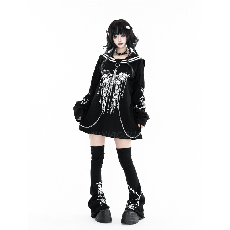 Black Feather Contract Mi Xiao Guan Original Subculture Bow Print Sailor Collar Japanese Dark Fantasy Long Sleeve