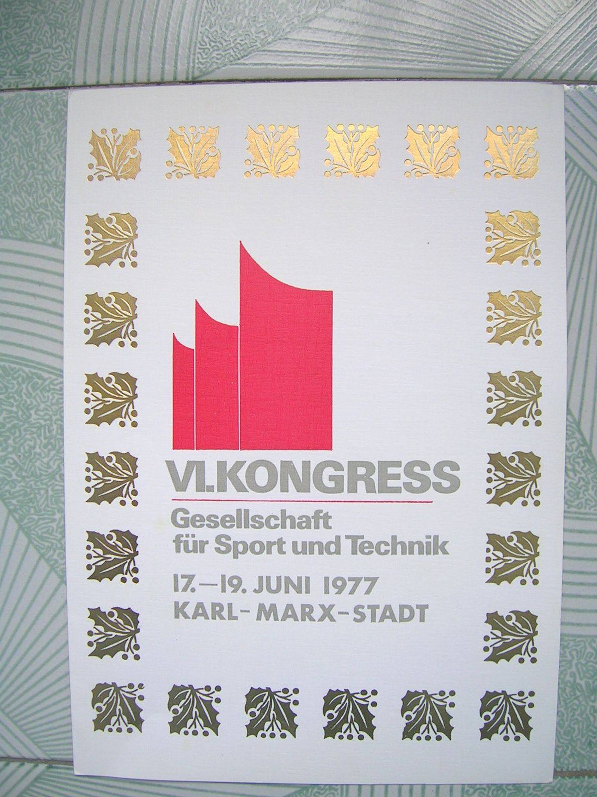 East Germany Original: GST 6th National Conference Certificate - Karl Marx City