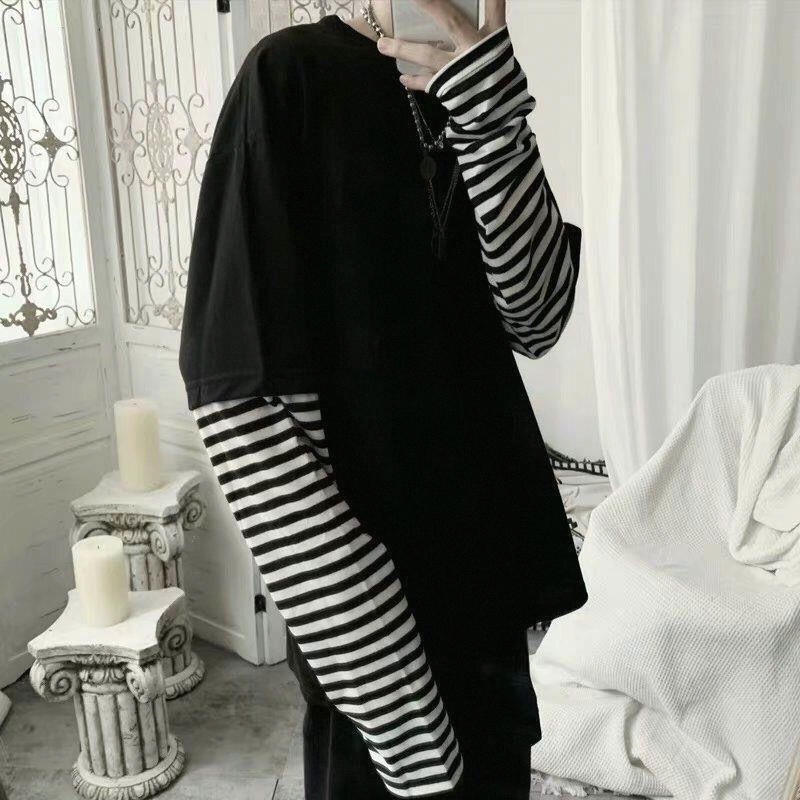 Long-Sleeved T-Shirts for Male and Female Students, Korean Style Loose Stripesd Bottoming Shirts, Trendy Casual Inner Wear, Spring & Fall Vacation Two Pieces 1/2 Pieces