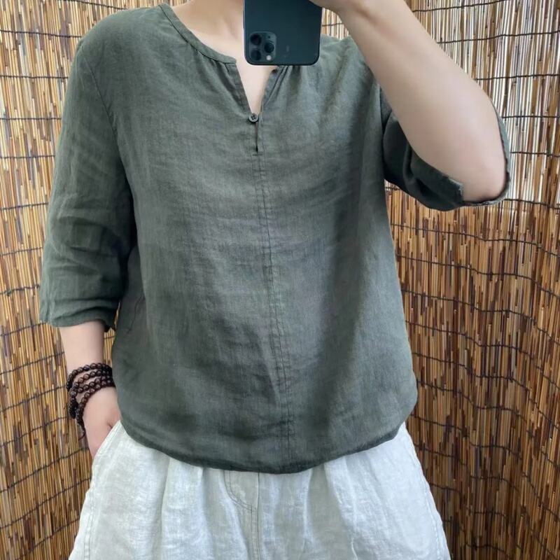 Enzyme-Washed Hemp V-Neck Single-Button Design 2026 Summer Shirt Artistic Fashion Blouse Three-Quarter Sleeve T-Shirt