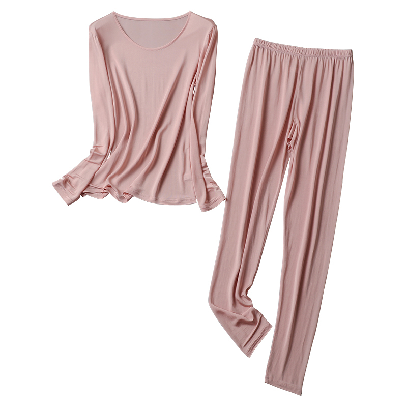 Women's Round Neck 100% Mulberry Silk Thermal Underwear Set, Silk Long-Sleeved Lightweight Pajamas Set