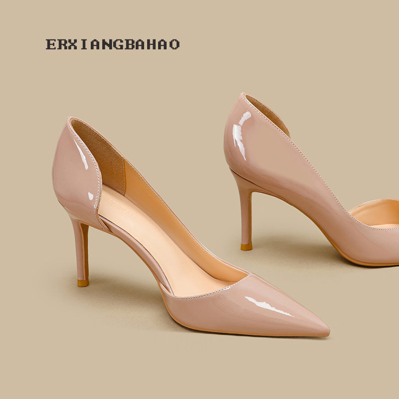 Nude Side-Cut High Heels for Women, New Style, Stiletto Heel, Pointed Toe, Sexy, Simple, Elegant, High-End Feel, Comfortable Patent Leather Shoes