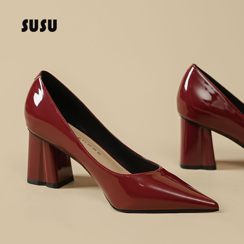 Ankora Red High-Heeled Shoes for Women, Comfortable for Weddings, Thick Heels, Stunning and Elegant, French Style, Super Popular, Chic Patent Leather Shoes Ankora Red High-Heeled Shoes for Women, Comfortable for Weddings, Thick Heels, Stunning and Elegant, French Style, Super Popular, Chic Patent Leather Shoes