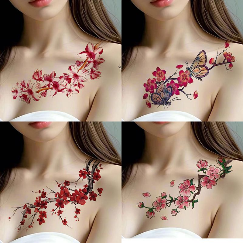 Colorful Tattoo Stickers for Women, Waterproof, Long-Lasting, Realistic Semi-Permanent Floral Arm, Lower Abdomen, Collarbone, High-End Plum Blossom Pattern