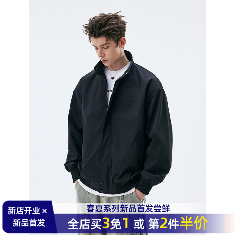 Reez Wang American-Style Stand-Up Collar Jacket for Men, Autumn Solid Color Loose Trendy Brand Commuter Workwear Coach Flight Jacket