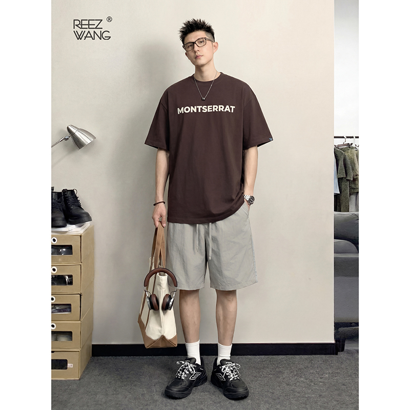 Reez Wang 320g Small Neckline Short-Sleeved T-Shirt Men's Summer American Fashion Brand Loose Breathable Pure Cotton Bottoming Shirt