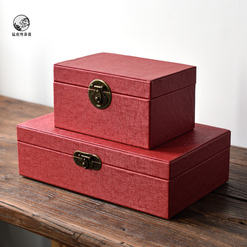 New Chinese-style red leather high-end jewelry box storage box ornaments model room bookcase desktop living room soft decorations