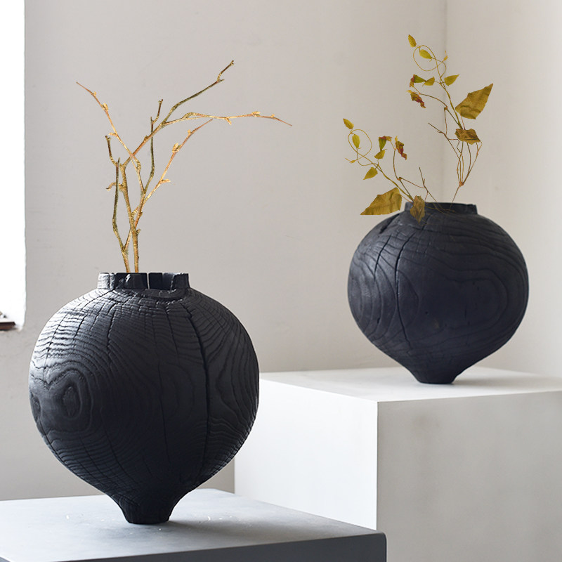 New Chinese style Silent Wind Black Carbonated Wood Round Belly Vase Swing Piece Home Living Room Xuan Guan Like Board Soft Adornment