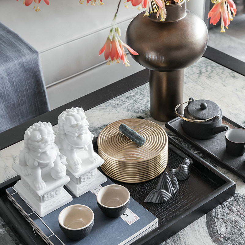 New Chinese meditation white Little lion Lion Cul book Flower Art Pendulum-like Room Bookcase Sample House Display Center Living-room Soft