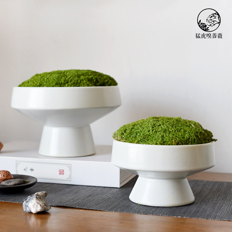 New Chinese emulated green plant moss flower art pendulum piece white floral table sample plate room in negotiation table Zen Serie decoration