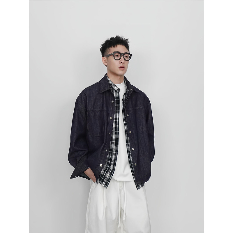 Autumn New Style Fake Two-Piece Denim Shirt for Men, Japanese Retro Loose Fit, Original Color Denim Jacket, Trendy