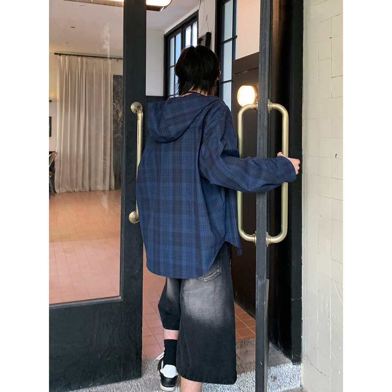 American Retro Hooded Plaid Shirt Jacket for Men 2026 Spring New Loose Fit Oversized Sun Protection Shirt Trendy