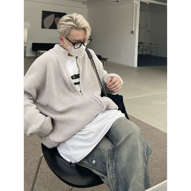 Autumn and Winter Stand-Up Collar Lazy Style Zipper Knit Cardigan for Men, Large Size Loose Casual Solid Color Thick Sweater Jacket Trendy