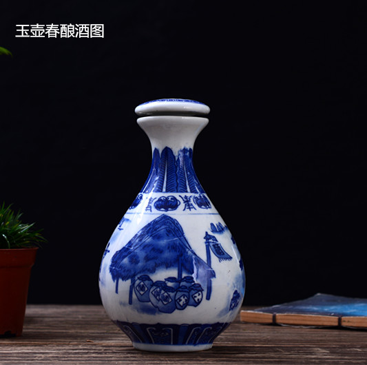 Jingdezhen 3-5-10 kg nạp nước uống màu xanh và trắng trong chai gốm Tám người bất tử ba cân năm cân ngọc bích nồi rượu mận mùa xuân - Rượu vang cốc uống rượu