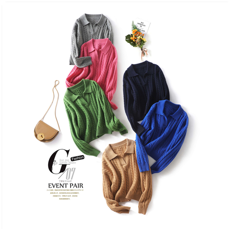 Autumn and Winter New Style Australian Merino Wool Cable Knit Polo Collar Retro Lapel Knitwear Women's Solid Color Sweater
