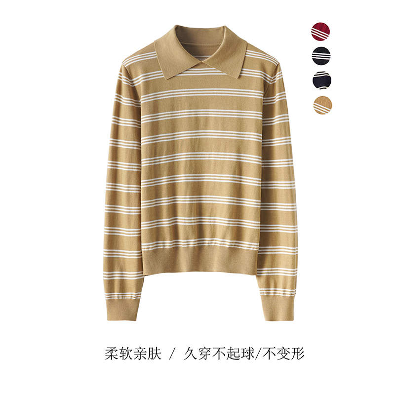 Retro Miumiu Style Contrasting Color Striped Polo Collar Knitwear for Women Spring & Fall Wool Blend Slimming Look Pullover Knitwear