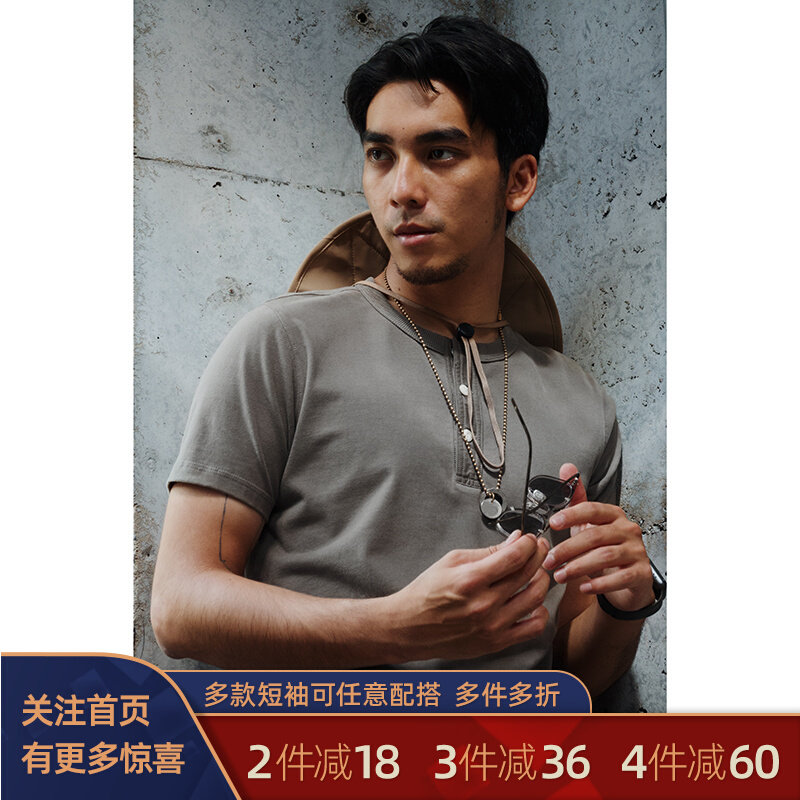 VINTAMERI Xinjiang Changsuede Cotton Three-Bench Weights 280 gr Retro Click Henry collar pure color short-sleeved T-shirt