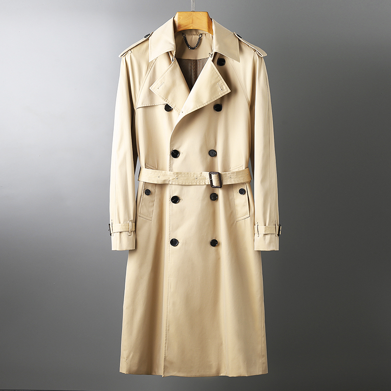 High-End British Men's Trench Coat with Double-Breasted Style, Gabardine Casual Long Overcoat, Waterproof Pure Cotton for Autumn