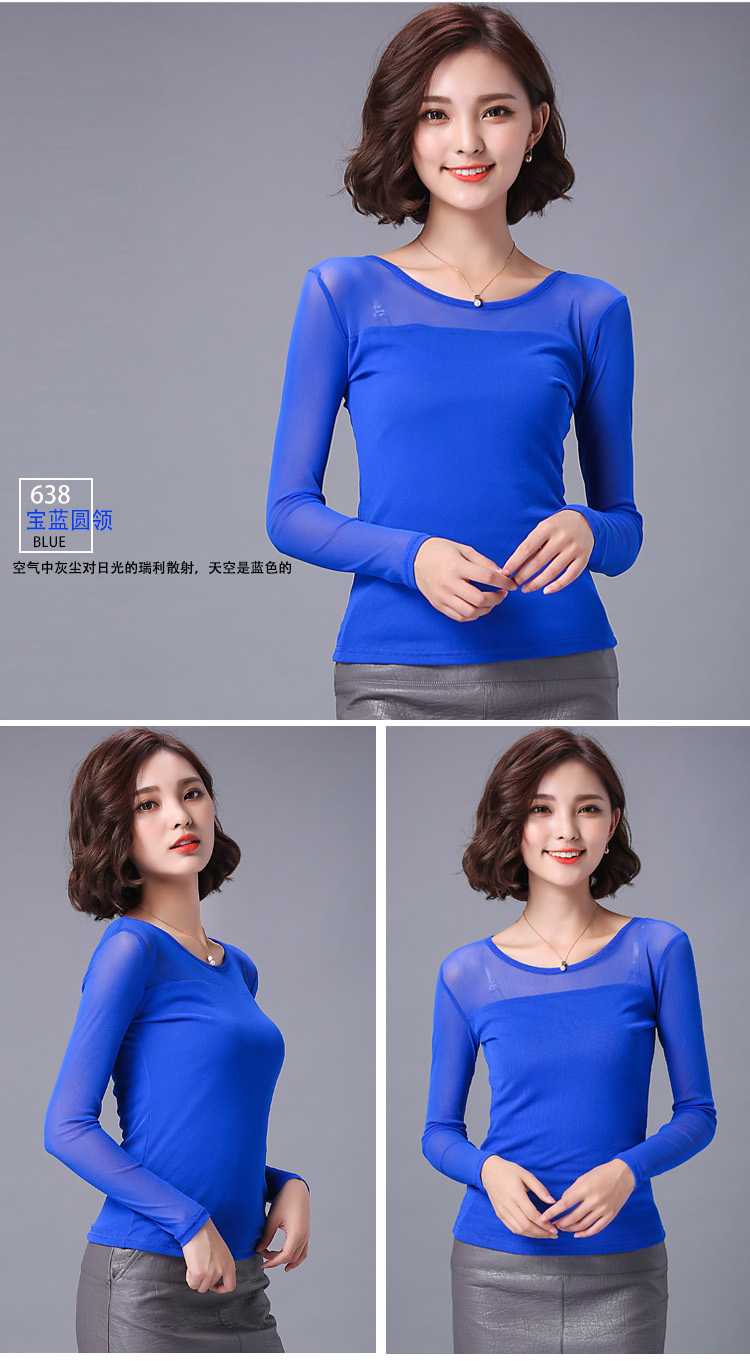 2018 thu đông mới phong cách nước ngoài cỡ lớn cổ tròn màu đen lưới đáy áo sơ mi nữ tay dài ren gợi cảm áo khoác nữ đẹp