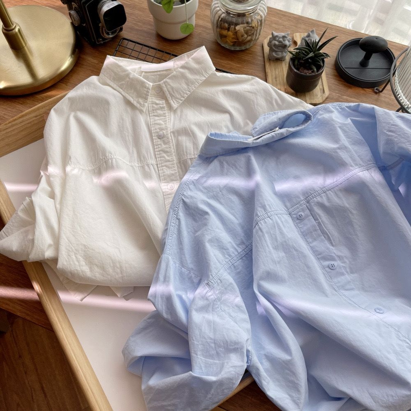 Pure Cotton Shirt with a Unique Back Design, Macaron-Style Fresh and Loose Fit, White Mid-Length Long-Sleeve Shirt for Women