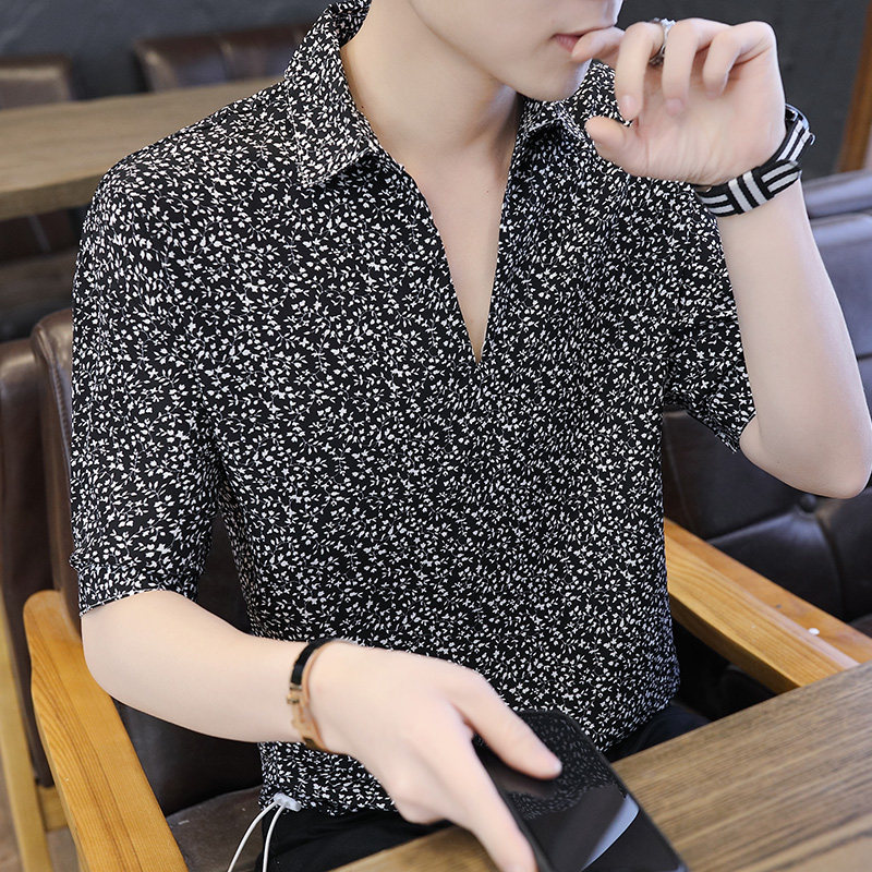 Rich bird loose T-shirt men's short sleeves Korean version of thin personality V-collar print shirt ins trend men's summer wear no iron