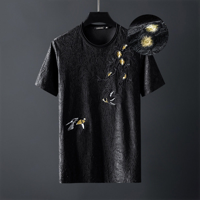 Rich and expensive bird ice silk short sleeve t-shirt male dark grain printed round neckline with half sleeve embroidered sympathetic trend casual big code-Taobao