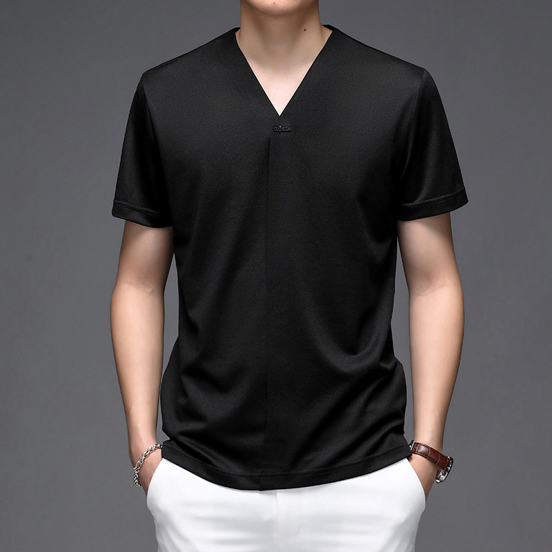 Rich and bird light extravagant real silk T-shirt male short sleeve pure color high-end middle sleeve Korean version sashimi V collar trendy bottom jacket man