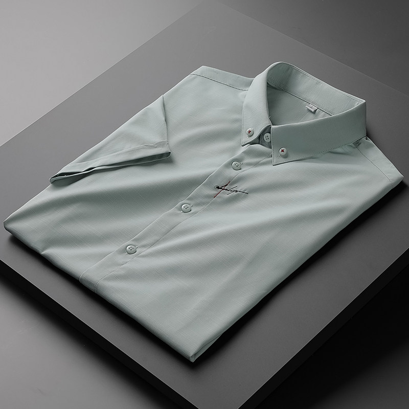 Fugui Bird Shirt Men's Ice Silk Embroidered Short Sleeve Workwear Inch Shirt Korean Trend Free Ironing Slim Thin Men's Shirt