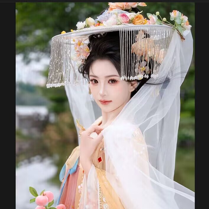 Flower Blossom Ancient Hanfu Accessories Props: Bucket Hat, Ancient Style Photography Veil Hat, Sun Protection, Flowing, Face Covering Photography Hat