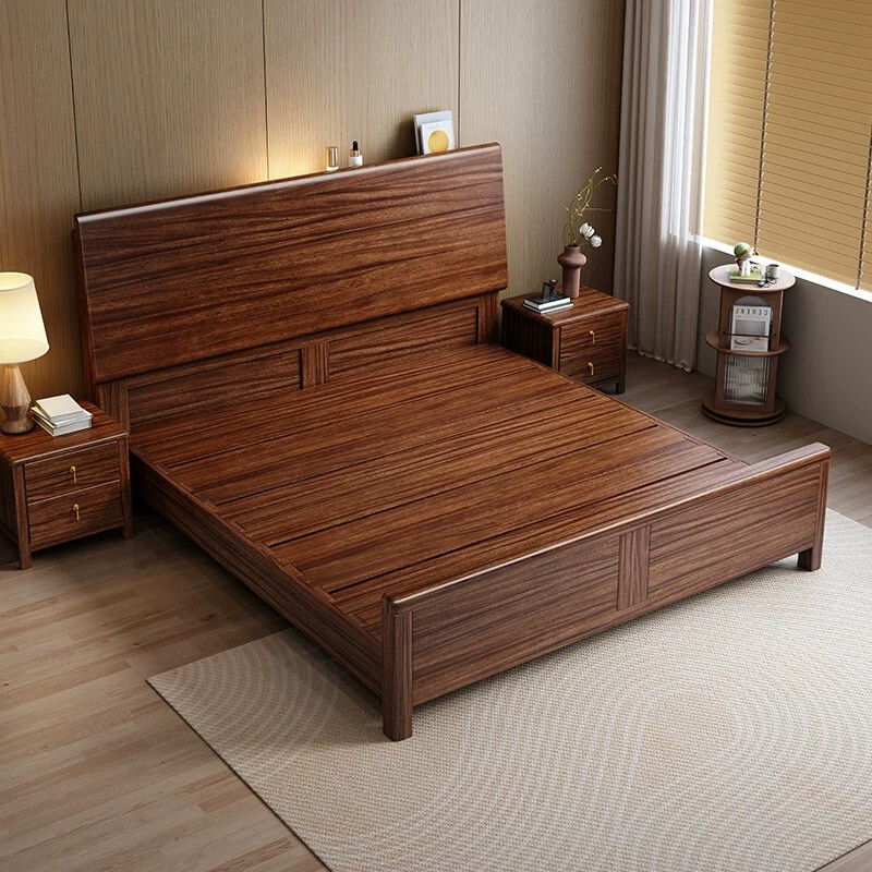 Black Walnut Color Solid Wood Bed, Simple and Modern, 1.5m Storage Double Beds, 1.8m Air Pressure Master Bedroom Wedding Bed