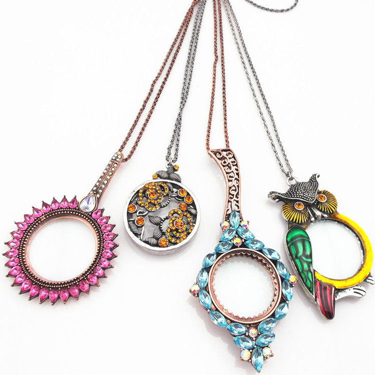 Pink Handheld Magnifier Necklace Luxurious Famous Yuan Full Drill Enlarged Mirror Send Mom's Gift Student Read