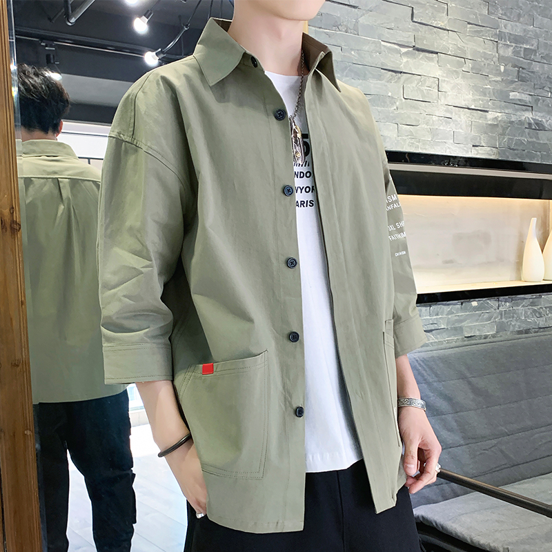 Workwear shirt men's long-sleeved shirt suit handsome spring and summer cropped short-sleeved Korean style trendy loose casual jacket - Taobao