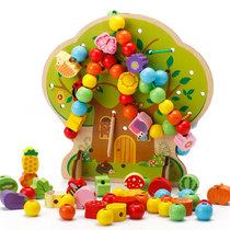 Baby beaded wooden toys children wooden building blocks infant garden early education puzzle fruit animals wear rope