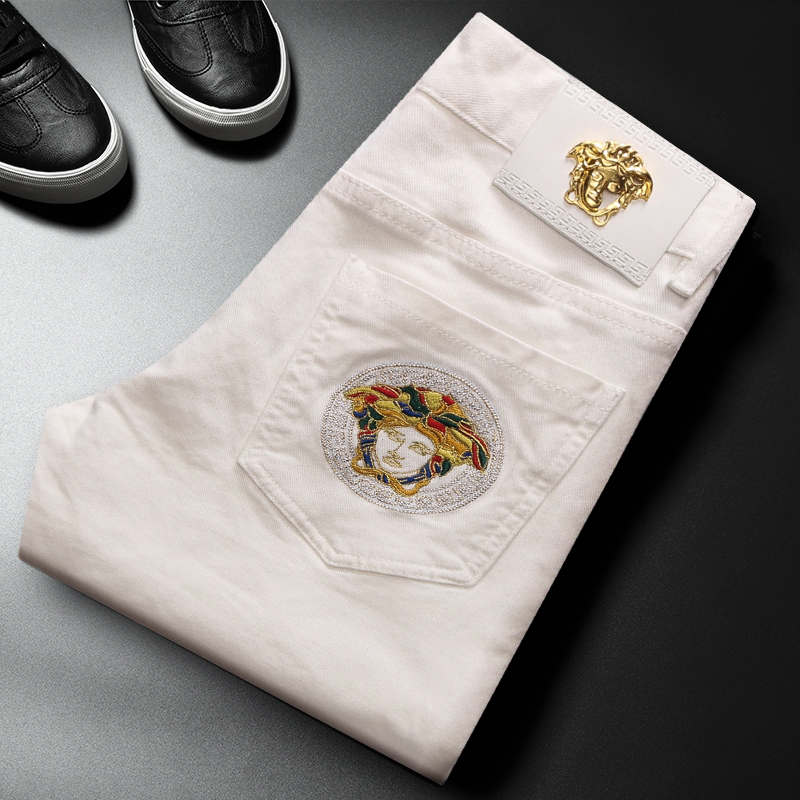 Summer White Embroidered Tide Card Jeans Men's Body Small Feet Youth Elastic Personality Printed High-end Casual New