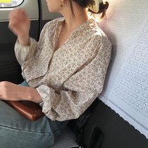 South Korea ins vitality girl spring Joker single-breasted age-reducing floral small V-neck long sleeve shirt shirt top female