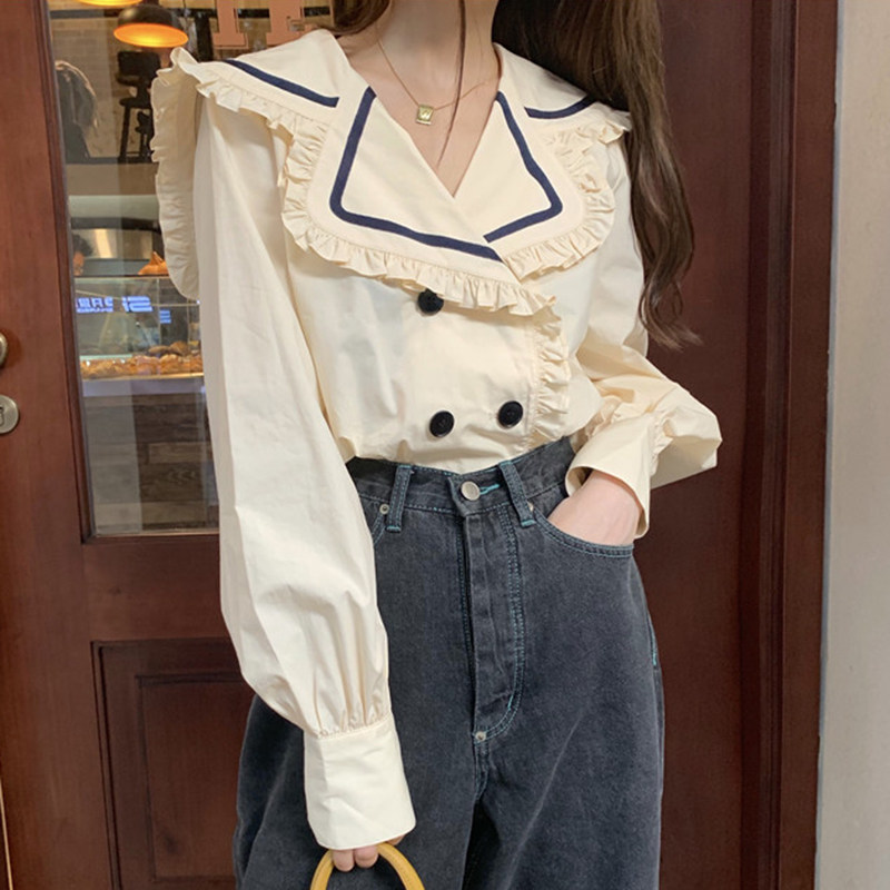 South Korea ins fall 100 hitch minimalist bump-coloured wood slalom dolls collar double-row buttoned long-sleeved blouse blouse