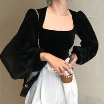 South Korea ins autumn Joker retro court style square collar bubble sleeve slim slim velvet long sleeve T-shirt women