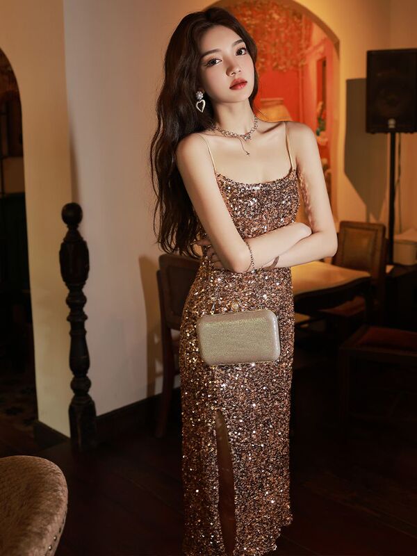 Golden Sexy Sequin Strap Dress, Sparkling Evening Dress, Light Luxury Niche High-End Beach Dress Golden Sexy Sequin Strap Dress, Sparkling Evening Dress, Light Luxury Niche High-End Beach Dress