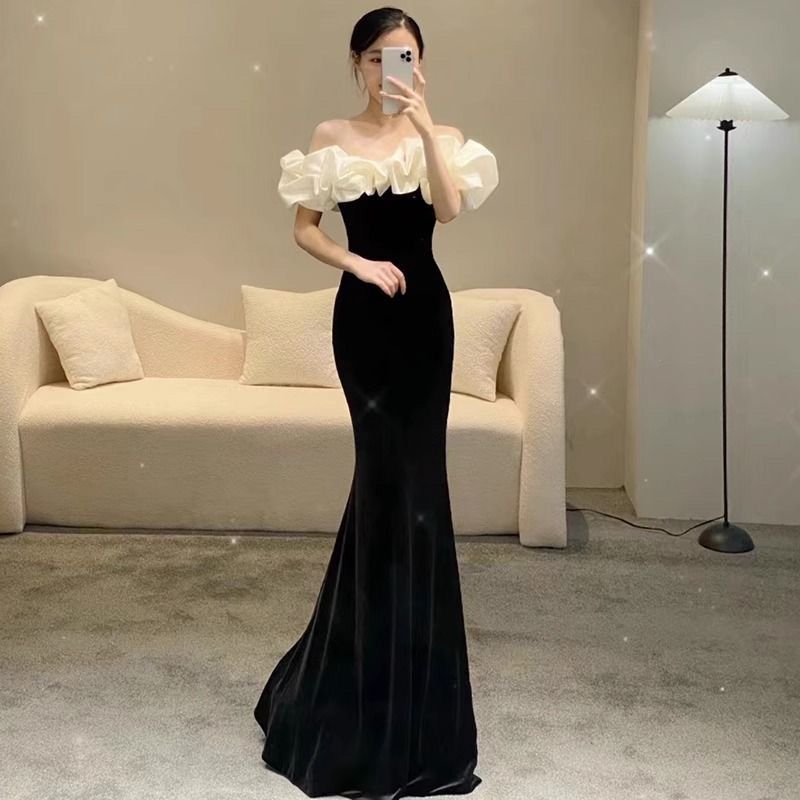 One-Shoulder French Evening Dress, High-End Engagement Toast Dress, Banquet Birthday Hepburn Style Light Luxury Host Runway Show One-Shoulder French Evening Dress, High-End Engagement Toast Dress, Banquet Birthday Hepburn Style Light Luxury Host Runway Show