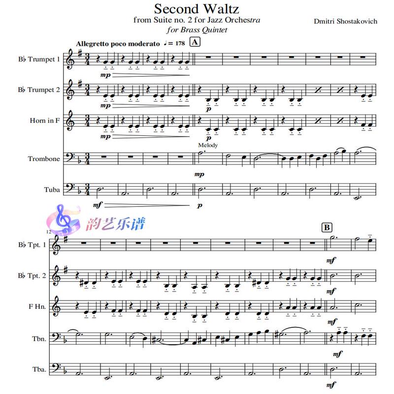 Shostakovich's Second Waltz Brass Quintet: Full Score and Parts for Trumpet, French Horn, Trombone, and Bass Trombone Ensemble